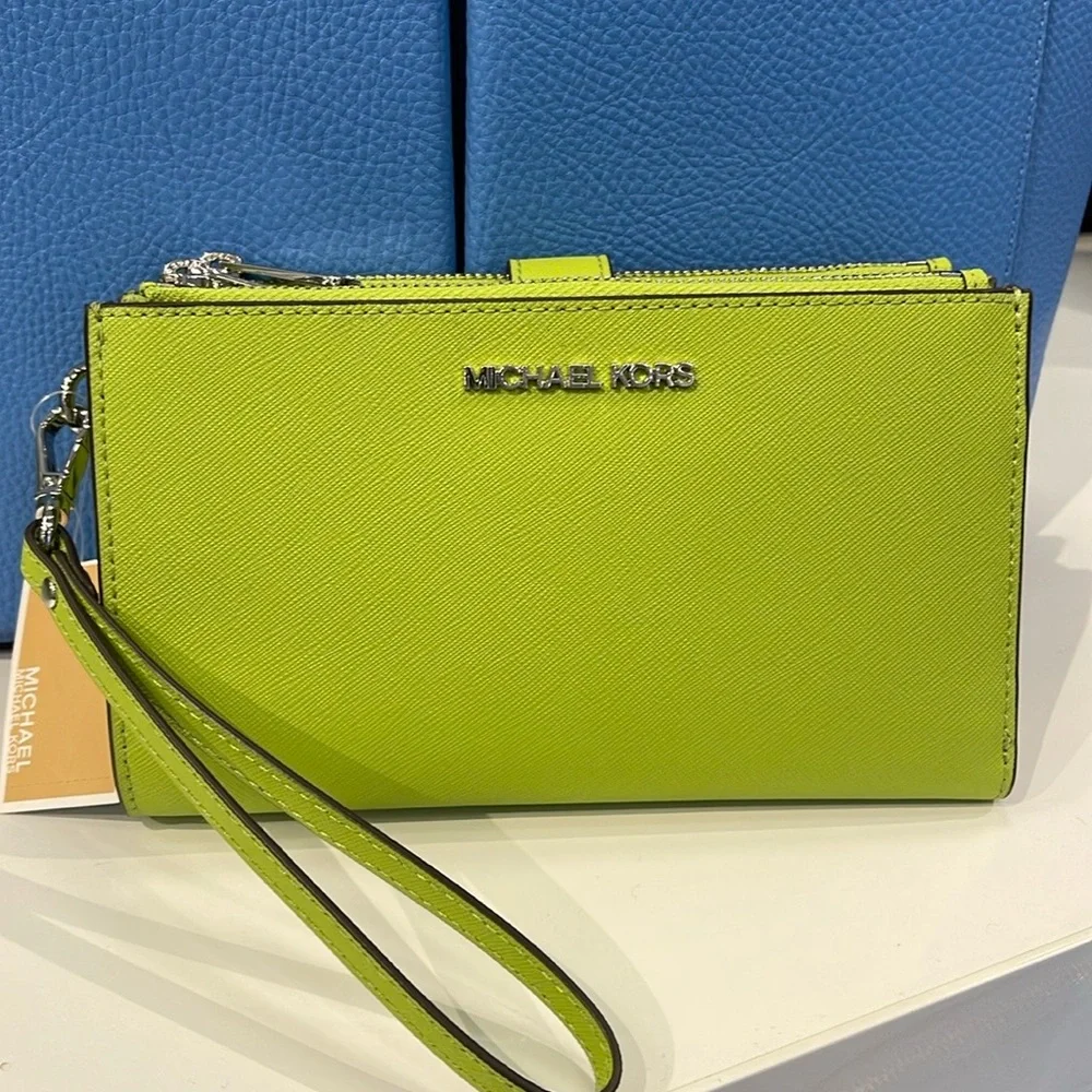 MICHAEL KORS LG DOUBLE ZIP WRISTLET Wallet Phone Case Holder Lime NWT